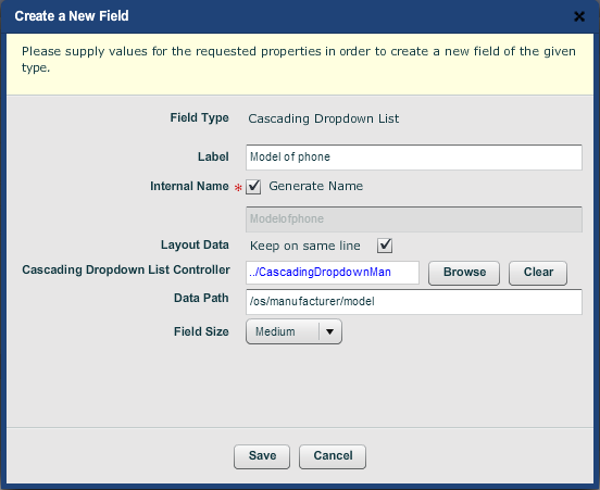 The dialog for creating the "model" level cascading dropdown list.