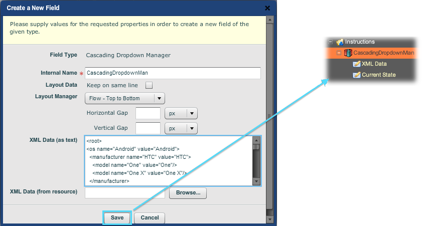 The Cascading Dropdown Manager predefined block dialog, with the XML pasted into the data textbox. "Save" creates the structure shown.