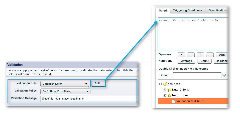 Validation settings for a text field 